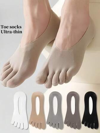 3/5 Pairs Flip Flop Socks Men's Five-Finger Socks, Solid Color Men's Summer Ultra-Thin Cool Socks, Invisible Boat Socks, Toe Socks, Low Vamp Men's Socks Silicone Non-Slip