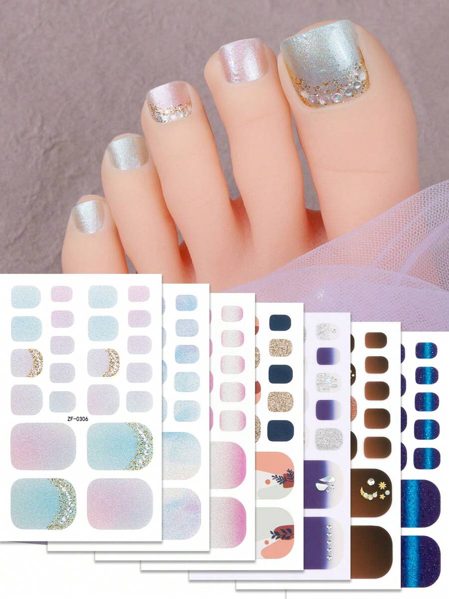 22 片金属脚趾全包裹指甲贴，春夏古铜色宝石星月自粘指甲油条，美甲用品指甲贴纸，适合女士 DIY 音乐节使用 - 彩色 - 查看 1