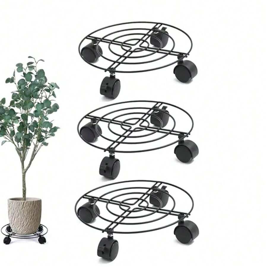 3-Piece Metal Flower Pot Stand With Wheels, Very Sturdy And Stable. - Black - View 1