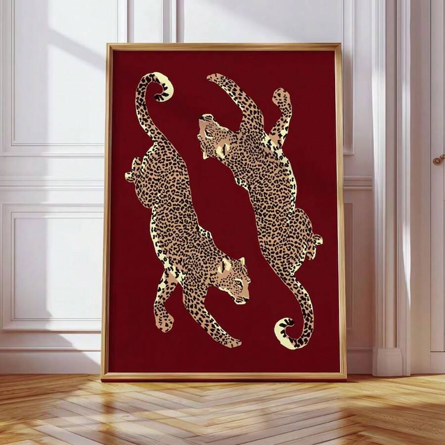 1pc Frameless Fashion Leopard Print Wall Decor, Burgundy Printed Artwork, Modern Wall Hanging, Vibrant Bold Gift, Leopard Print Gift, Dopamine Decor - Multicolor - View 1