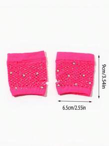1 Pair Rhinestone Mesh Decor Fuchsia Party Gloves