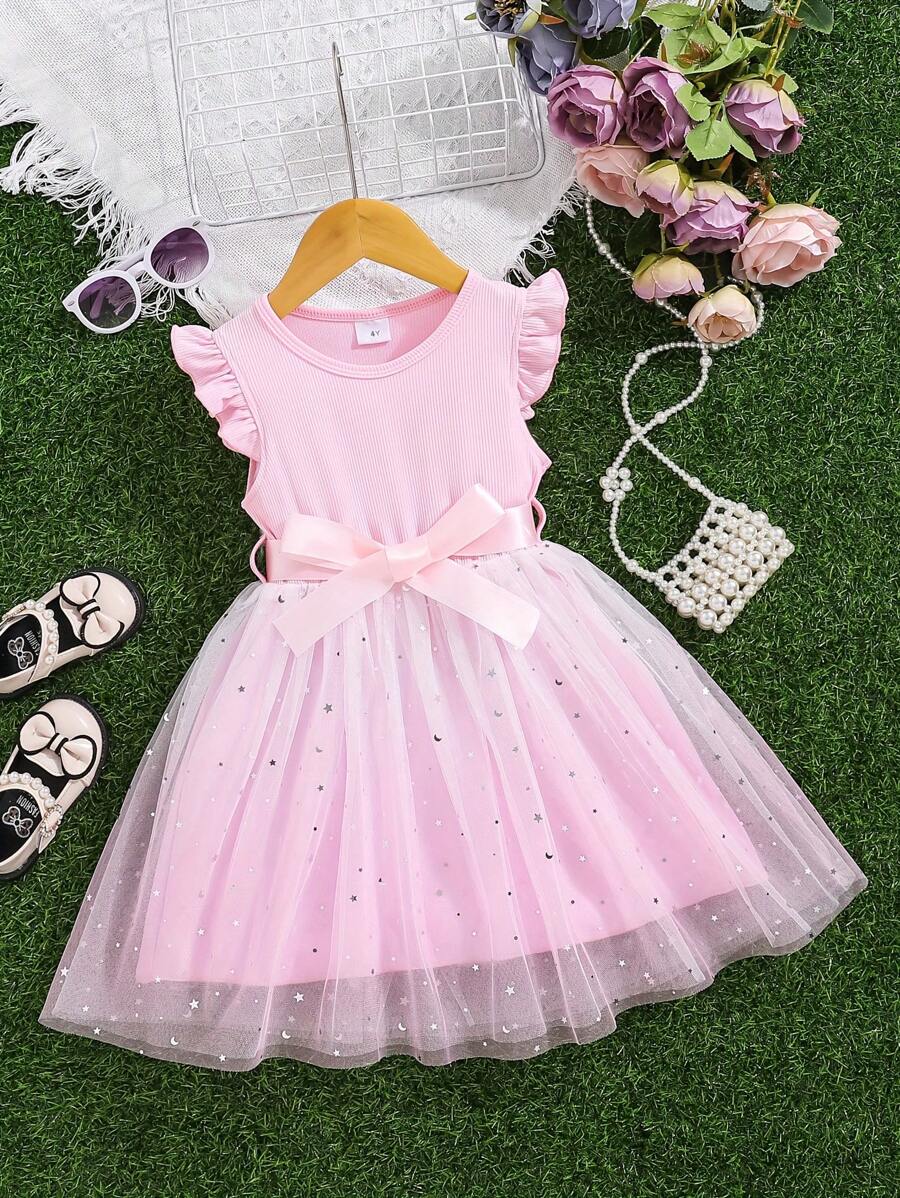coviviky Conjunto de top acanalado de manga corta y falda de tul con estrellas degradadas para niñas, incluye cinturón, dulce y elegante para fiestas, bodas, verano