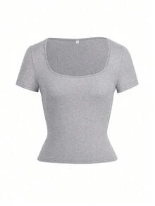 Women's Solid Color Knit Square Neck Sexy Fitted Cropped Waist T-Shirt, Y2K Style - Grey - View 3
