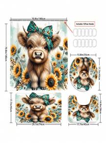 1/4pcs Shower Curtain Set,Highland Cow Sunflower Cartoon Bathroom Curtains Shower Set, Shower Curtains,Bathroom Accessories Including Bathroom Carpet Toilet Mat And 12 Shower Curtain Hooks,Bathroom Set With Curtain,Suitable For Bathroom Decor,Room Decor,Home Decor, House Decor, Kitchen, Living Room. Back To School
