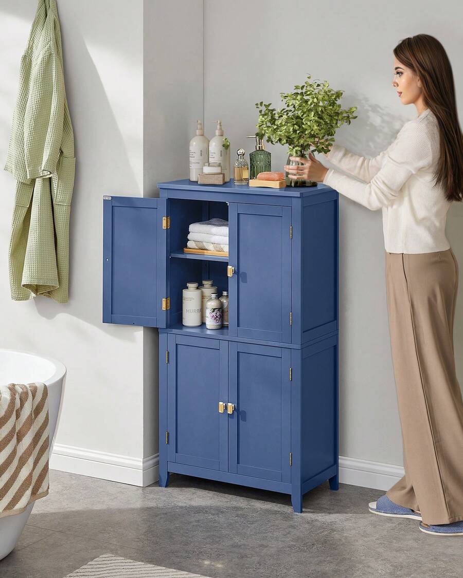 Bathroom Floor Storage Cabinet, Bathroom Storage Unit, Freestanding Cabinet With 4 Doors, Adjustable Shelves, 11.8 X 23.6 X 43.3 Inches - Màu xanh lam - Xem 1