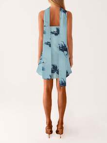 Women Floral Strapless Mini Dresses Y2K Flower Backless Tube Top Dress Short Summer Dress With Scarf - Màu xanh lam - Xem 6