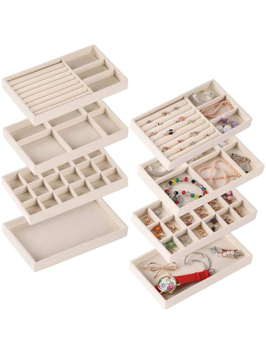 1 件 36/100 位戒指首饰盒带盖，耳环首饰托盘，戒指首饰收纳展示托盘，简约天鹅绒戒指盒，首饰盒，耳环首饰收纳盒，防尘首饰盒展示盒首饰展示防尘盒夏季必备女士收纳整理器礼物旅行 - 米色 - 查看 1