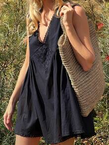 Women Y2k Summer Mini Tank Dress Sleeveless Deep Lace Trim V Neck Floral Eyelet Loose Fit Beach Short Dresses Vacation Babydoll Ruffle Flowy Dress Sundress Casual Streetwear - 黑色 - 查看 2