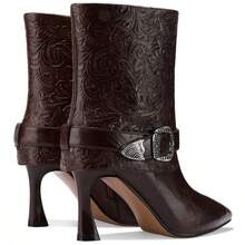 TDD Mid Calf Boots For Women Stiletto Pointed Toe Winter Buckle Extra Wide Calf Botas Para Mujer Dressy Warm Lined Ladies Fashion 3 Inch High Heels