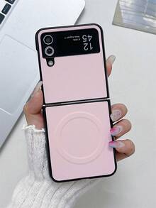 Simple Lychee Pattern Magnetic Folding Phone Case Compatible With Samsung Galaxy Z Flip7 Z Flip 6 Z Flip 5 Z Flip 4 Z Flip 3 Luxury Wireless Charging Solid Color PU Leather Protect Soft Back Cover Waterproof Shockproof Anti-Fall Scratch Resistant - Pink - View 2