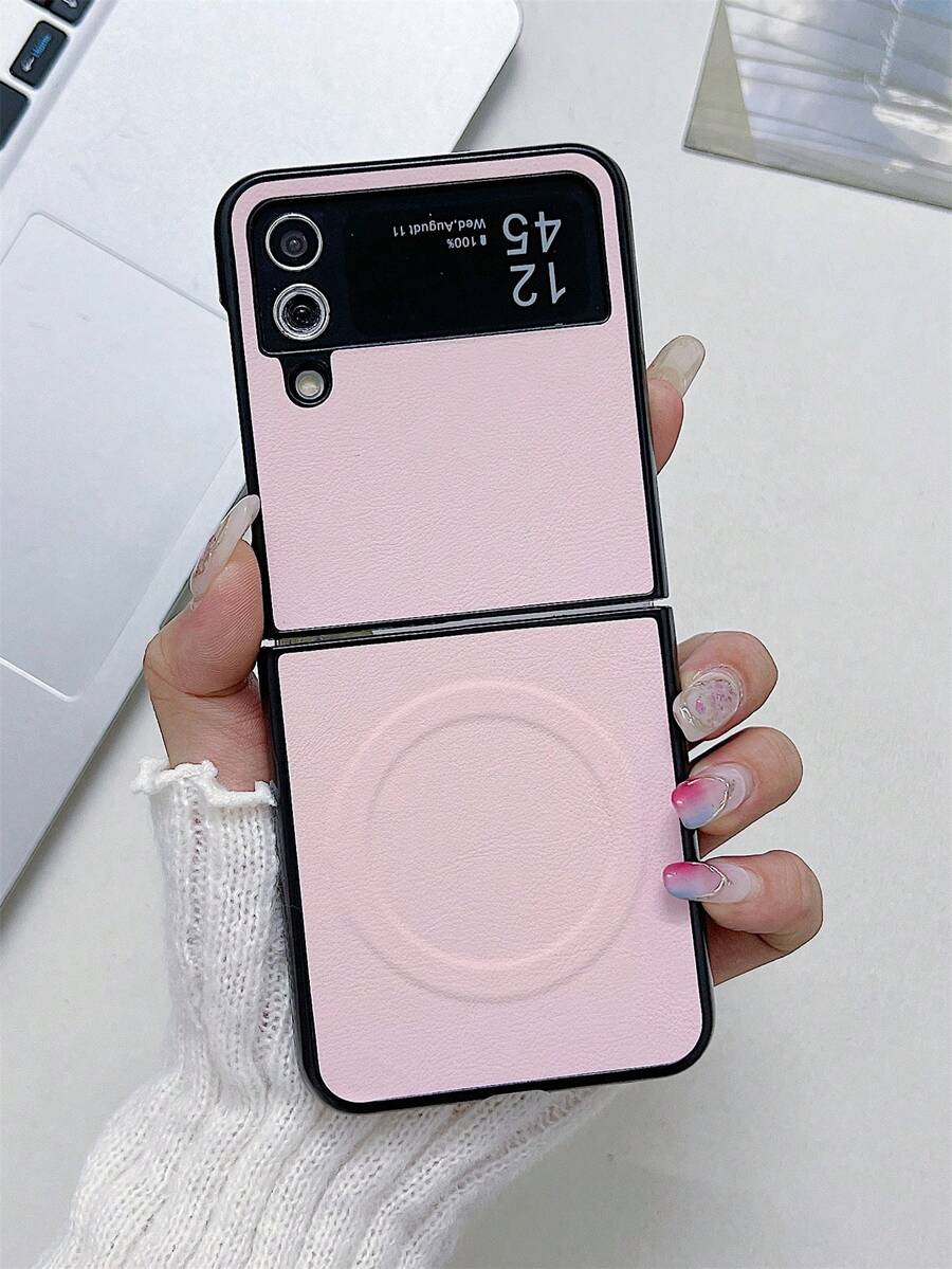 Simple Lychee Pattern Magnetic Folding Phone Case Compatible With Samsung Galaxy Z Flip7 Z Flip 6 Z Flip 5 Z Flip 4 Z Flip 3 Luxury Wireless Charging Solid Color PU Leather Protect Soft Back Cover Waterproof Shockproof Anti-Fall Scratch Resistant