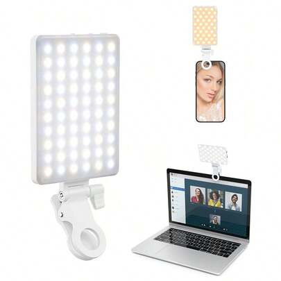 Borriig Đèn kẹp LED công suất cao 60 bóng, có thể sạc lại, thiết kế kẹp trước và sau, 3 chế độ chiếu sáng có thể điều chỉnh, phù hợp với điện thoại thông minh, Android, iPad, máy tính xách tay, dùng để trang điểm, chụp ảnh tự sướng, quay vlog, thích hợp cho chụp ảnh tự sướng và phát trực tiếp, đèn selfie di động