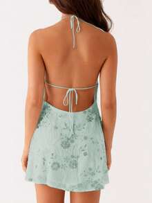 Y2k Sequin Beaded Halter Dress For Women Sexy Sparkle Backless Mini Dress Floral Embellished Rhinestone Club Dresses - Green - View 6
