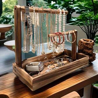 صندوق تنظيم المجوهرات الخشبية قطعة واحدة، صندوق مجوهرات متعدد الوظائف للمكتب للقلادات والأساور والساعات والأيام - حامل مصوغات خشبية مستطيلة، لا يتطلب كهرباء، برج مزين بالأحجار الكريمة ديكور منزلي