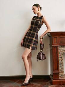 Elegant Plaid Sleeveless Women Summer Casual Mini Dress, Round Neck Checkered Minimalist Short Dress, Slim Fit A-Line Skirt Suitable For Commuting, Office, And Leisure Daily Wear