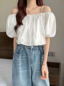 Vintage French Faux Pearls Strap One Shoulder Wide Loose Bubble Sleeve Shirt Blouse - White - View 3