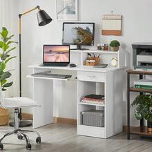 Home Office Wood Computer Desk With Drawers And Pull-Out Keyboard Tray, Study Writing Desk PC Laptop Table With Hutch And Storage Shelves, Modern Workstation, Black - White - View 6