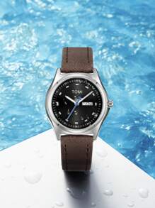 TOMI TOMI 1pc Universal Quartz Leather Watch With Dual Calendar, Elegant & Compact Design, Suitable For Daily Wear & Gift