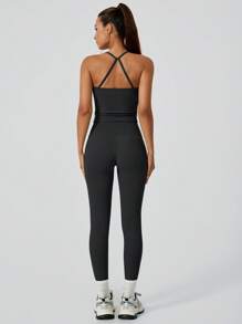 NcmRyu 1 Set Nahtloses, elastisches, gepolstertes Damen Sport-BH mit Kreuzriemen und Leggings Aktivbekleidungs-Set