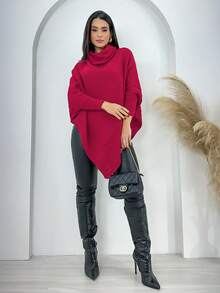 Swisz Women's Winter Poncho Knit Long Sleeve V-Neck Sweater With Scarf - Hot Pink - View 2