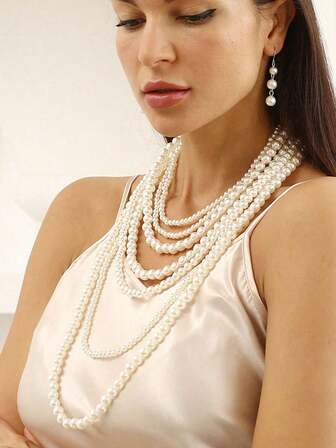 3件套复古简约多层珍珠项链和耳环首饰套装