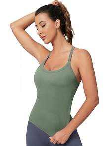 Workout Tops Women With Built In Bra, Sleeveless Gym Tops Seamless Racerback Athletic Yoga Shirts, Activewear - 灰綠色 - 查看 3