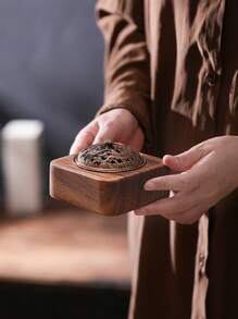 1pc Luxury Vintage Tea Art Zen Style Round Cloud Wood Incense Burner, Walnut Wood Zen Incense Holder With Tray, Suitable For Home Use Or As Gift