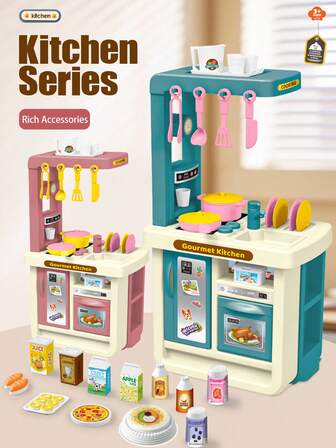 NEUSNEY 1 套迷你厨房玩具套装 - 逼真的微型炊具和餐具、餐具、电器、面包、披萨、蛋糕配件、适合 3 岁以上儿童的教育和互动玩具，适合男孩和女孩的圣诞节/生日礼物