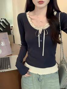 Sweet Bowknot Long Sleeve Ruffle Trim Blouse For Women, Spring/Summer