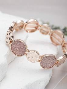 1pc Zinc Alloy Shiny Minimalist Round Bangle Bracelet With Elastic Beaded String, Everyday Wear (Product Does Not Include Gift Box) - Rose Gold - View 4