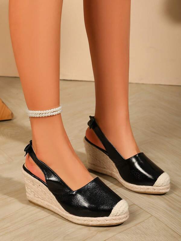 Vacation Elegant Bow-Knot Woven Platform Wedge Sandals, Casual &