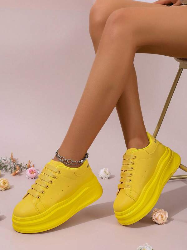 Damen Gelbe Leinen Sneaker, Rundkappe Schnürung, weiche Sohle, Lässig Plateausohle, erhöhte Höhe, Sportschuhe, vielseitig für alle Jahreszeiten