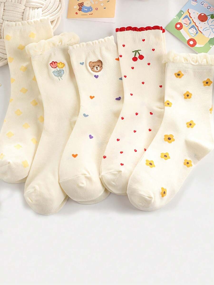 5 Pairs Of Girls Cute Bear And Floral Print Socks - Soft Polyester Blend, Elastic And Breathable - Multicolor - View 1