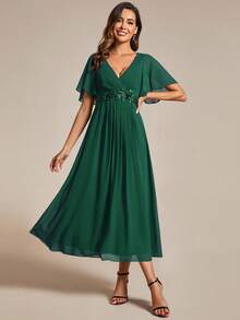 EVERPRETTY Elegant V-Neck Embroidered Ruffle Sleeve Appliques Pleated Chiffon Bridesmaid Dresses Formal Dress Wedding Guest Gown - Dark Green - View 2