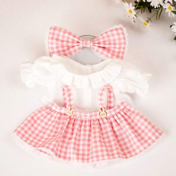 1 Set Nuevo vestido de botones de madera a cuadros/vestido de botones de madera morados/vestido a rayas de botones de madera rosa para ropa de muñeca, incluye 1 pieza de moño, 1 pieza de Top, 1 pieza de falda (muñeca no incluida), adecuado para muñecas de 20cm (7.87in) - 30cm (11.81in), oso de peluche, conejo, ropa linda