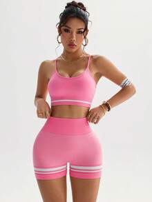 TCVC 女式高弹力运动胸罩和短裤套装，无缝针织，高腰收腹蜜桃臀，亲肤面料，紧身塑形，休闲百搭，分层，四季皆宜，健身瑜伽装 - 粉色 - 查看 6