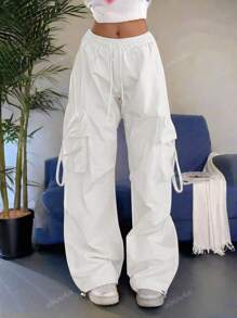 Street High Waist Flap Pocket Drawstring Waist Elastic Hem Ruched Casual Wear Wide Leg Parachute Cargo Pans Y2K Music Festival