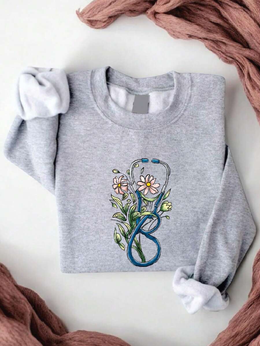 Floral Stethoscope Sweatshirt, Floral Nurse Sweater, Matching Nursing School, Healthcare Gift, Medical Assistant, Nurse Appreciation. AS-439 - Xám - Xem 1