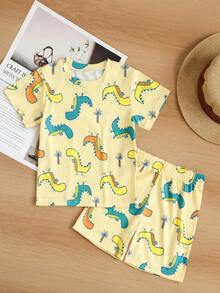 2-Piece Set Toddler Boys Cute Cartoon Dinosaur Print Crew Neck Short Sleeve T-Shirt & Shorts Pajamas Set, Soft & Comfortable, Summer - Yellow - View 3