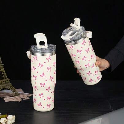 1pc 900ml/33.44oz Heart & Bow Vacuum Insulated Tumbler, Cup, Large Capacity Water Bottle With Handle & Straw, Dual Drinking Lid, Travel & Outdoor, Gym & Sports, School Supplies, Holiday Gift