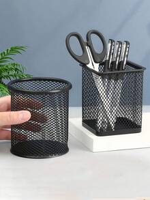 1pc/2pcs Hollow Iron Desk Organizer Pen Holder, Minimalist Student Stationery Multi-Function Office Supplies Pencil Box - Black - View 2