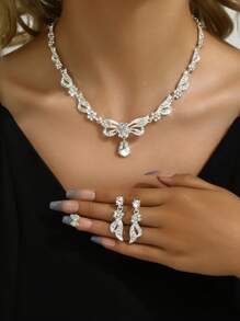 Conjunto de 3 joias femininas, strass de liga, gotas d'água, brincos com pingente, conjunto de colar, joias para casamento de noiva