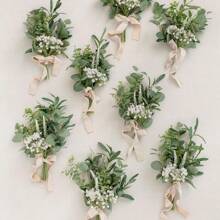 Artificial Flowers With Tulle Ribbon Lavender Eucalyptus Leaves Arrangement, Wedding Ceremony Chair Back Floral Decor For Reception Church Party Outdoor