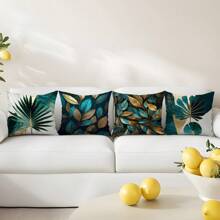 [2D Flat Printing] 4pcs 3D Green And Gold Leaf Print Pattern Pillow Covers [Without Pillow Insert], 17.7*17.7in (45*45cm), [Single-Sided Printing] Polyester Decorative Cushion Covers For Sofa, Bed, Living Room, Bedroom, Car, Office, Hotel, Room Decor, Home Decor, Bedroom Decor, All Season, Perfect Gift For Family And Friends