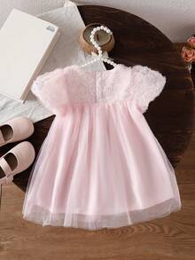 Baby GirlCasual Cute Sweet Floral Puff Sleeve Dress, Suitable For Outdoor Holiday Daily Wear, Summer - Pink - View 2