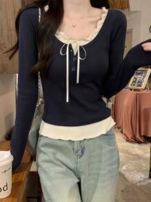 Sweet Bowknot Long Sleeve Ruffle Trim Blouse For Women, Spring/Summer