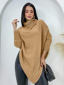 Swisz Women's Winter Poncho Knit Long Sleeve V-Neck Sweater With Scarf - 米色 - 查看 1