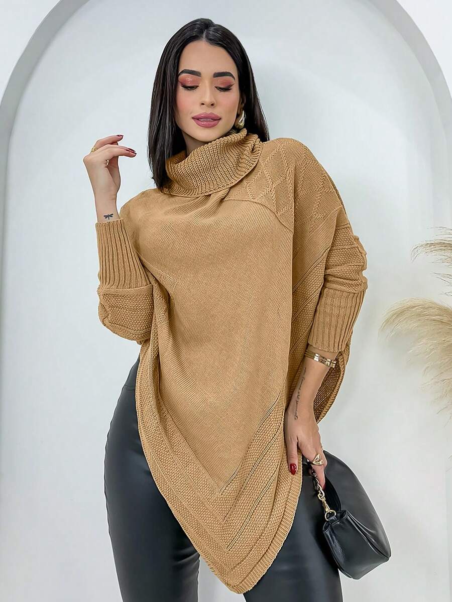 Swisz Women's Winter Poncho Knit Long Sleeve V-Neck Sweater With Scarf - 米色 - 查看 1