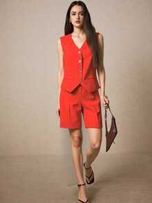 Conjunto unicolor de blazer chaleco y shorts Botones frontales elegantes de color sólido - Rojo - Ver 4