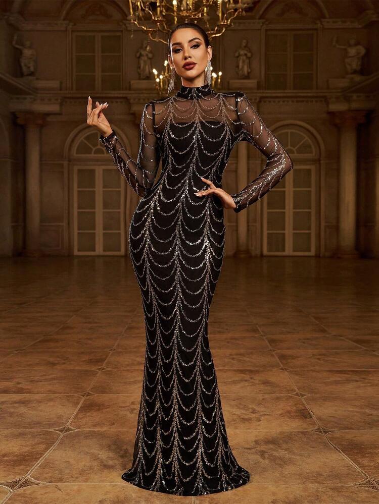 Missord Sheer Mesh Yoke Sequin Prom Dress Black Elegant Long Sleeve Formal Evening Wedding Guest Gown, For Graduation, Dinner Party Dress Spring Vacation